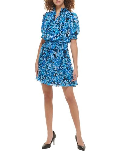 Karl Lagerfeld Floral Puff Sleeve Chiffon Dress - Blue