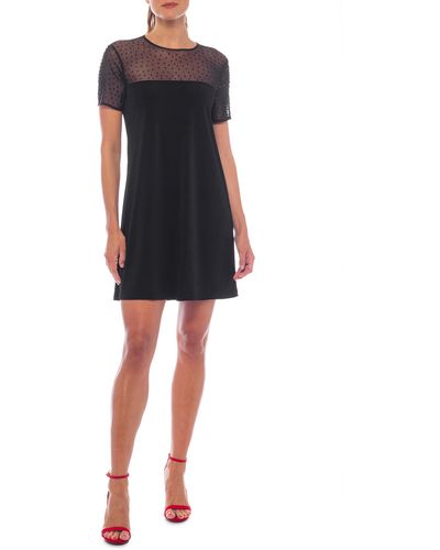 Marina Beaded Illusion Neck Short Sleeve Mini Dress - Black