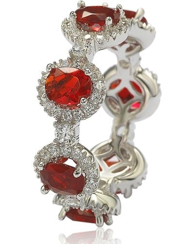 Suzy Levian Sterling Silver Prong Set Red Cz & Pave Halo Station Eternity Band Ring