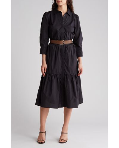 Ellen Tracy Three-quarter Sleeve Belted Cotton Shirtdress - Black