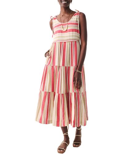 Faherty Lanai Tiered Stripe Tie Shoulder Cotton Blend Sundress - Pink
