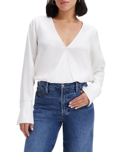GOOD AMERICAN Good Touch Long Sleeve Faux Wrap Top - White