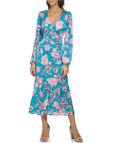 Kensie Floral Long Sleeve Lace-up Satin Maxi Dress - Blue
