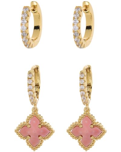 Adornia Swarovski Crystal Huggie Mother-of-pearl Quatrefoil Drop Earrings Set - Pink