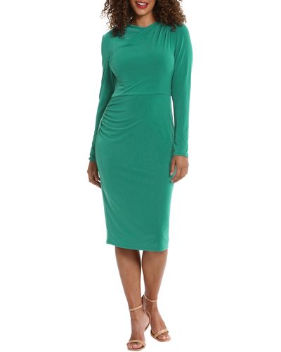 London Times Asymmetric Drape Long Sleeve Jersey Midi Dress - Green