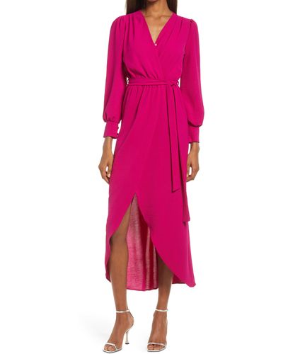 Fraiche By J Long Sleeve Faux Wrap Dress - Pink