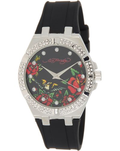 Ed Hardy Crystal Rose Dial Silicone Strap Watch - Black