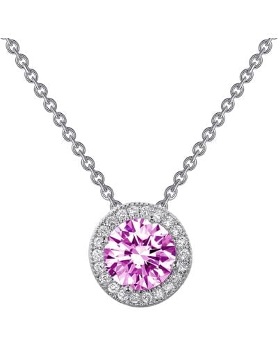 Lafonn Platinum Bonded Sterling Silver Simulated Diamond Halo & Created Pink Sapphire Pendant Necklace