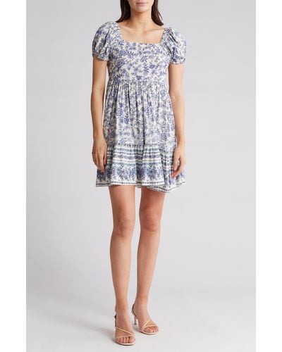 Angie Floral Print Square Neck Puff Sleeve Dress - Blue