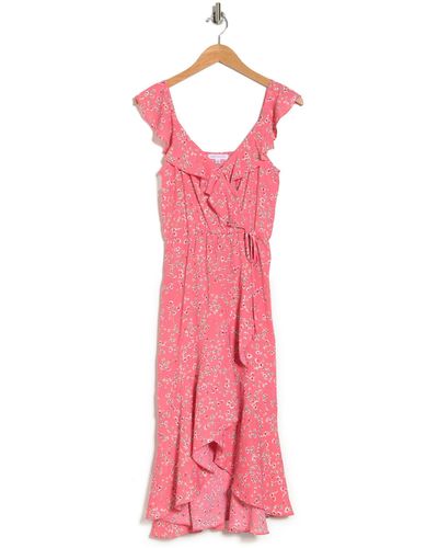 Socialite Ruffle Print Wrap Midi Dress In Coral Floral At Nordstrom Rack - Pink