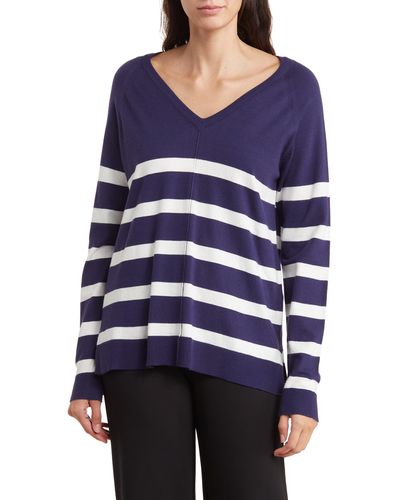 Bobeau Stripe V-neck Pullover Sweater - Blue