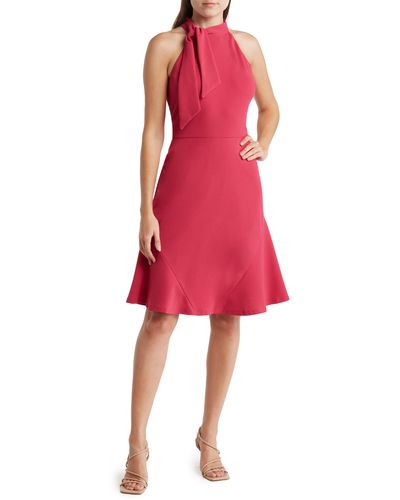 Maggy London Tie Neck Sleeveless Fit & Flare Dress - Red
