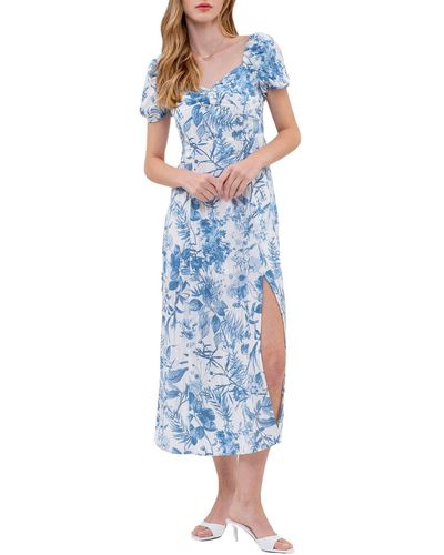 Blu Pepper Floral Puff Sleeve Front Slit Midi Dress - Blue