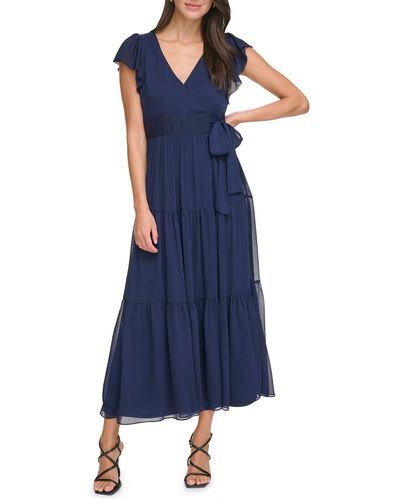 DKNY Flutter Sleeve Tiered Maxi Dress - Blue