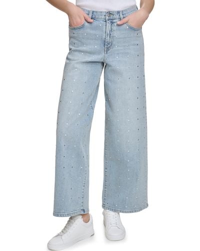 DKNY Stud Detail High Waist Wide Leg Jeans - Blue