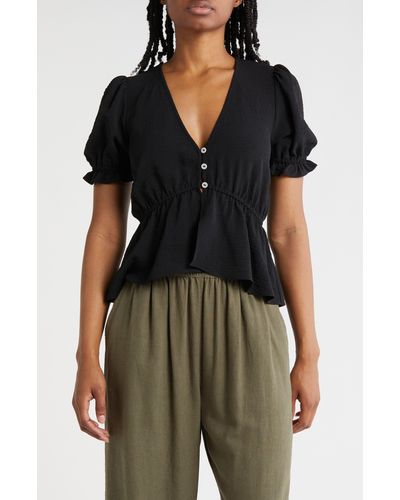 Melrose and Market Button Detail Puff Sleeve Top - Black