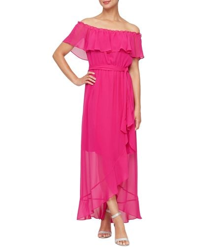 Sl Fashions Off-the-shoulder Ruffle High-low Dress - Pink