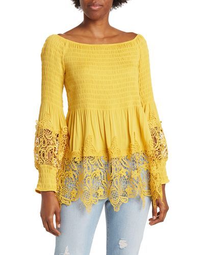 Forgotten Grace Crochet Trim Smocked Off-the-shoulder Top - Yellow