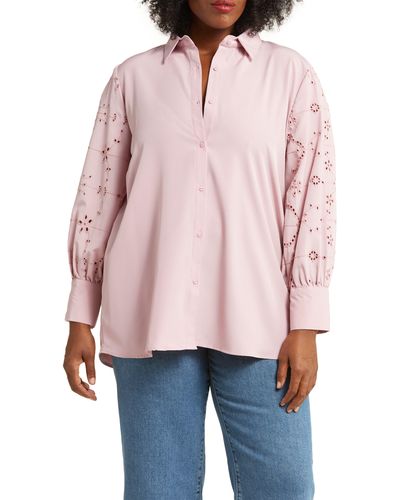 Forgotten Grace Embroidered Eyelet Long Sleeve Button-up Shirt - Pink
