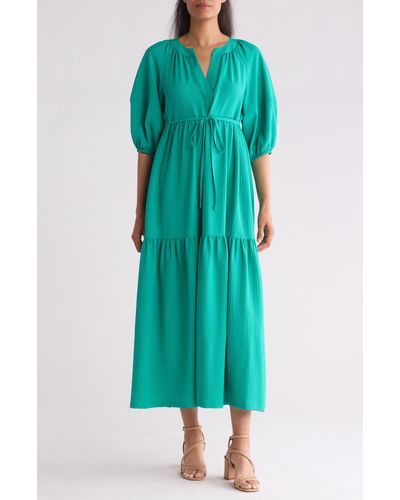 Calvin Klein Gauze Puff Sleeve Maxi Dress - Green