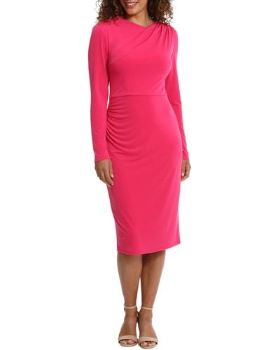 London Times Asymmetric Drape Long Sleeve Jersey Midi Dress - Pink