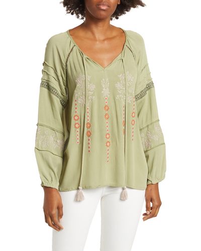 Forgotten Grace Embroidered Keyhole Long Sleeve Tunic Top - Green