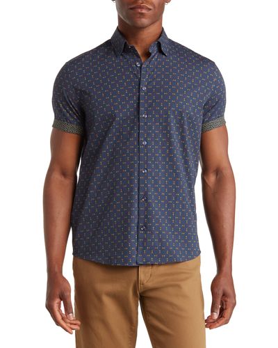 Stone Rose Pineapple Print Short Sleeve Stretch Cotton Button-up Shirt - Blue