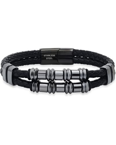 HMY Jewelry Mens' Double-strand Bead & Braided Leather Bracelet - Black