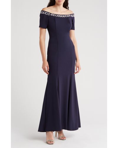 Marina Beaded Off-the-shoulder Short Sleeve Trumpet Gown - Blue