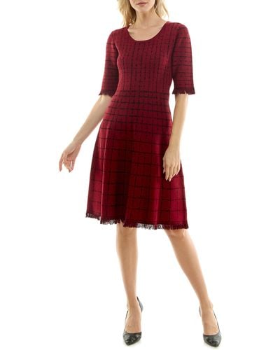 Taylor Dresses Fringe Trim Windowpane Dress - Red