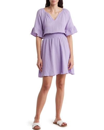 West Kei Short Sleeve Gauze Fit & Flare Dress - Purple