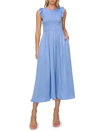 MELLODAY Sleeveless Smocked Bodice Midi Dress - Blue