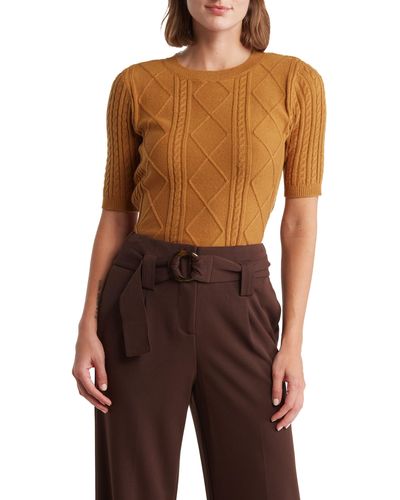 Tahari Cable Knit Elbow Sleeve Sweater - Brown