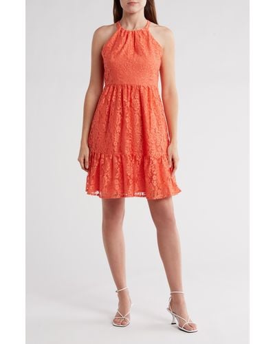 Vince Camuto Halter Neck Sleeveless Lace Dress - Red
