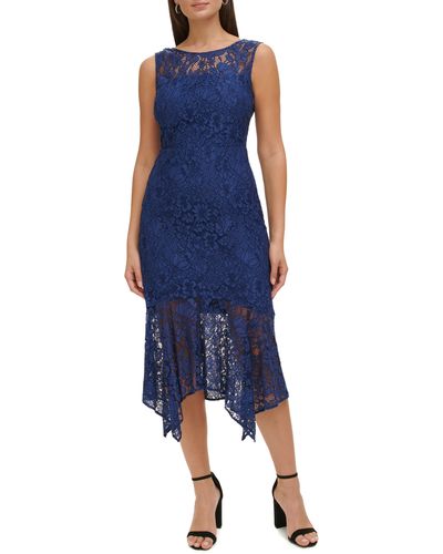 Kensie Floral Lace Asymmetric Dress - Blue