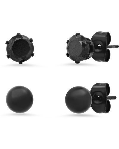 HMY Jewelry Black Ip Stainless Steel Ball Stud & Simulated Diamond Stud Earrings Set