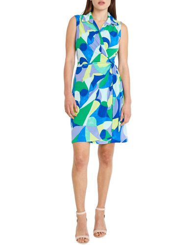 DONNA MORGAN FOR MAGGY Abstract Print Wrap Front Sleeveless Dress - Blue