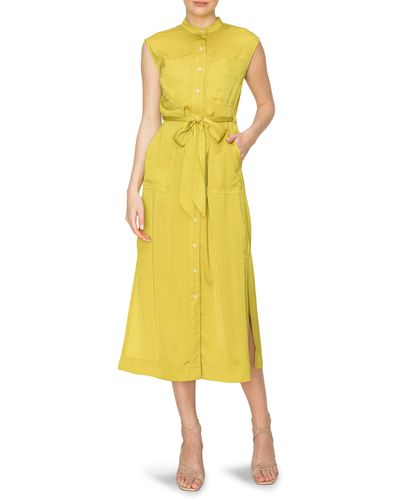 MELLODAY Sleeveless Button Front Satin Shirtdress - Yellow