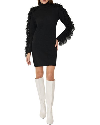 MILLY Rowe Fringe Long Sleeve Sweater Minidress - Black
