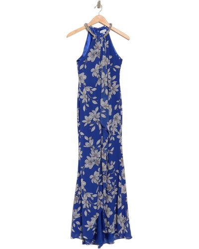 Calvin Klein Beaded Halter Necklace Sleeveless Floral Print Gown - Blue