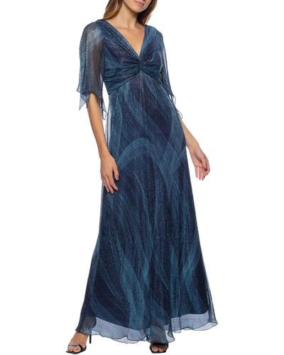 Marina Metallic Flutter Sleeve Dress - Blue