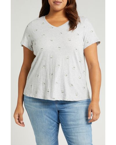 Lucky Brand V-neck Bouquet Embroidered T-shirt - White