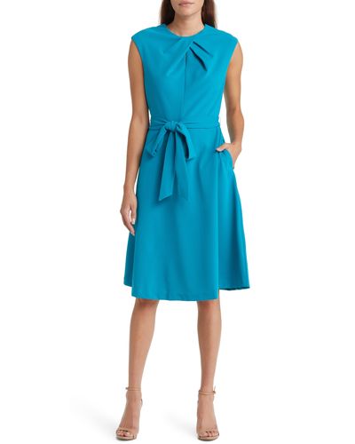 Tahari Crossover Neck Belted Dress - Blue