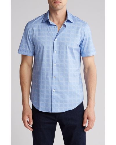 Bugatchi Geo Print Stretch Short Sleeve Button-up Shirt - Blue