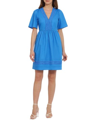 Maggy London Short Sleeve Stretch Cotton Fit & Flare Dress - Blue