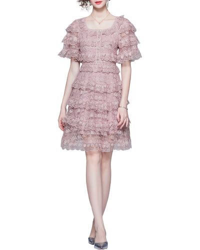 Kaimilan Lace Tiered Fit & Flare Dress - Pink