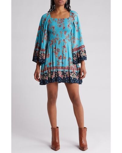 Angie Floral Print Smocked Bell Sleeve Dress - Blue