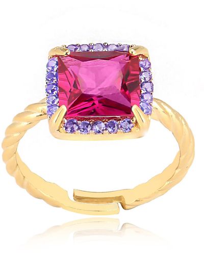 Gabi Rielle Cubic Zirconia Square Halo Adjustable Ring - Pink