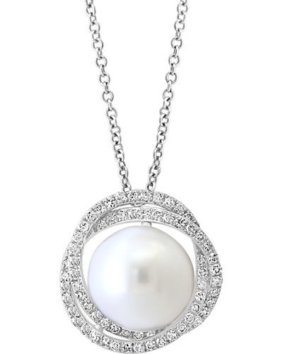 Effy 14k White Gold 10mm Freshwater Pearl & Diamond Halo Pendant Necklace - Metallic
