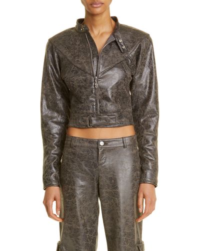 Miaou Vaughn Crop Distressed Faux Leather Jacket - Gray